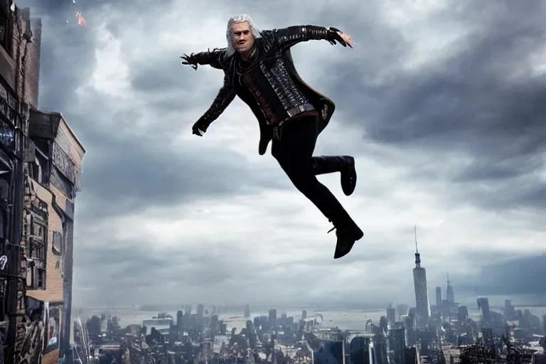 Image similar to vfx movie closeup suave handsome grinning vampire with long white hair, trench coat, dual wielding large revolvers, leaping into the air, low gravity in a shattered reality of new york city, cool aviators witcher show and game of thrones in new york by emmanuel lubezki