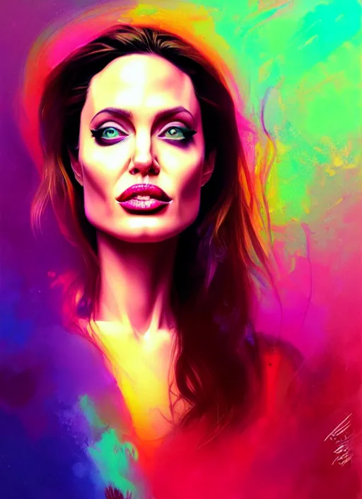 Prompt: A psychedelic portrait of angelina jolie, vibrant color scheme, highly detailed, in the style of romanticism, cinematic, artstation, Greg rutkowski