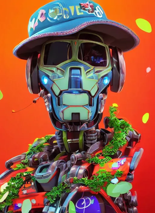 Prompt: colourful - 3 d vfx art - portrait of a mecha robot wearing a baseball cap with vines & flowers growing from inside, art style by tenmyouya hisashi, concept art, unreal engine render, digital illustration, claymation, sharp, intricate detail, volumetric light, ray tracing, soft light, symmetric, pinterest, artstation, behance,