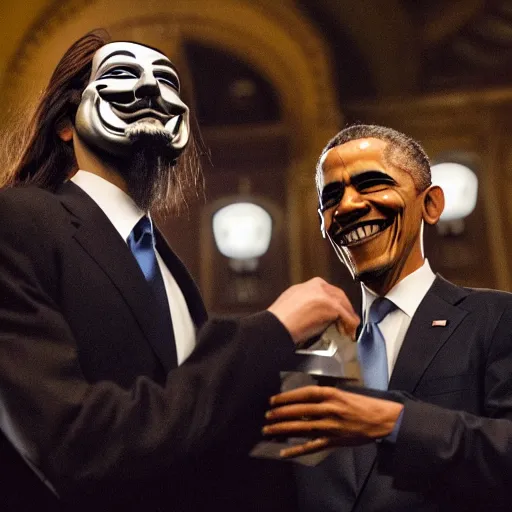 Image similar to man wearing guy fawkes mask accepting award from obama in university hall, photo, cinematic lighting