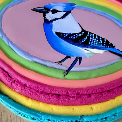 Image similar to A photograph of a (photorealistic blue jay) standing on a large basket of rainbow macarons.