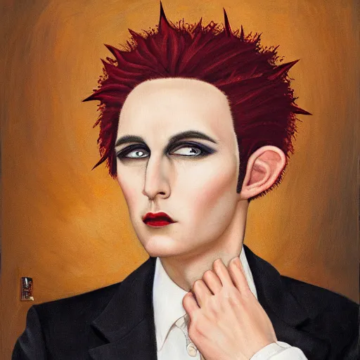 Prompt: portrait of a nonbinary actor with tanned skin and spiky short red hair wearing a men's suit, she has elf ears and gold eyes, by Gerald Brom and Grant Wood