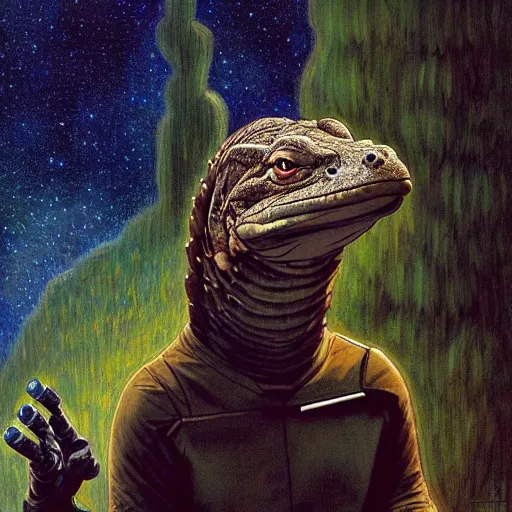 Prompt: a portrait of a male komodo dragon in star trek uniform at night in a dark forest. zootopia fursona furaffinity detailed face painting by gaston bussiere craig mullins jc leyendecker gustav klimt artgerm greg rutkowski