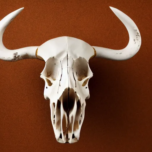 Prompt: a photograph of an ox skull in the middle with a white background, minimalistic, 4k