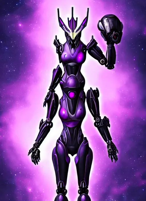 Image similar to cinematic bust shot, cosmic sized proportional stunning beautiful hot female warframe, detailed robot mecha female dragon head, metal ears purple eyes, sleek silver armor, fuschia skin, floating in empty space, nebula sized, posing elegantly, epic proportions, epic size, epic scale, furry art, dragon art, giantess art, warframe fanart, furaffinity, deviantart