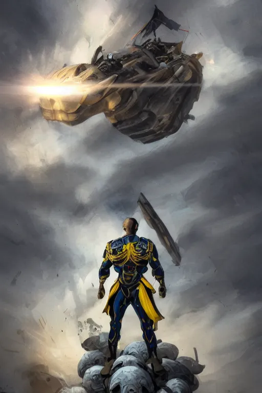 Image similar to a full body shot from distance of a super soldier with a Ukrainian blue and yellow stripes flag standing in the beam of light from the clouds on a pile of skulls and rotten cars as a winner, masculine figure, D&D, fantasy, intricate, elegant, highly detailed, digital painting, artstation, concept art, matte, sharp focus, symmetrical, illustration, hyperrealistic, art by Artgerm and Greg Rutkowski and Alphonse Mucha