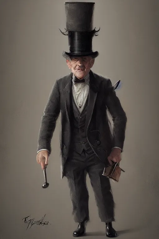 Image similar to a grey hair old halfling with no beard stubble top hat and suit by Greg Rutkowski, painting, portrait, HD, high details, trending on artstation