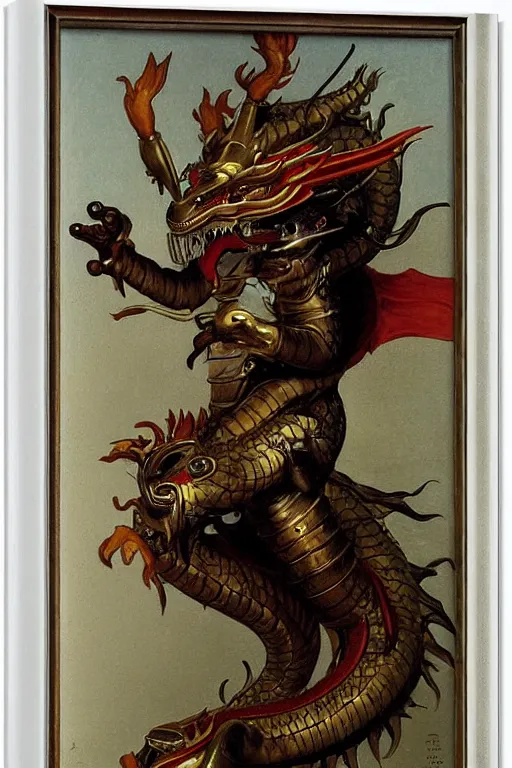 Image similar to portrait of a astronaut is a chinese dragon in armor and helmet, majestic, solemn, luminous accessories, by bouguereau