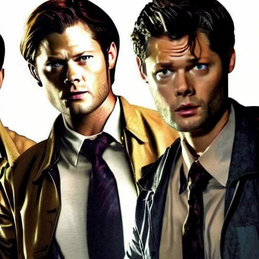 Image similar to sam winchester, dean winchester and castiel from supernatural in an epic pose with epic lighting