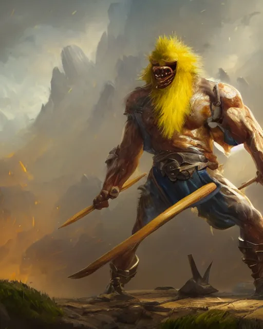 Prompt: oil painting of an anthropomorphized angry banana, sharp focus, holding axes, heroic pose, fantasy style, octane render, volumetric lighting, 8k high definition, by greg rutkowski, highly detailed, trending on art Station, magic the gathering artwork, Battlefield backround, centered