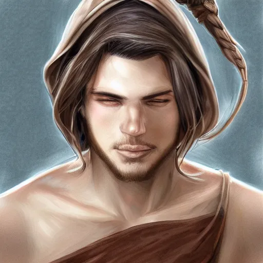 Prompt: realistic portrait, 25 years old man :: athletic fantasy mage :: green eyes, long brown hair :: wearing a brown robe :: high detail, digital art, RPG, concept art, illustration