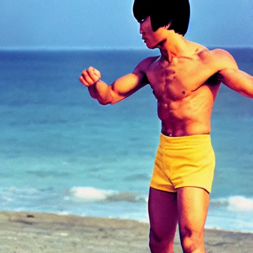 Image similar to bruce lee meditating on the beach