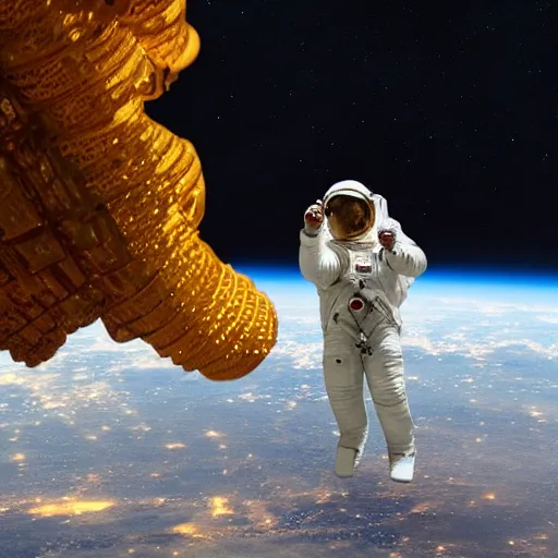 Prompt: astronaut doing jazz saxophone improvisation, earth, 4k photography, space