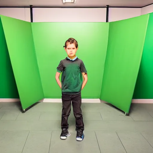 Image similar to the boy had journeyed a long way, and was very tired. dslr, photo, standing next to a green screen