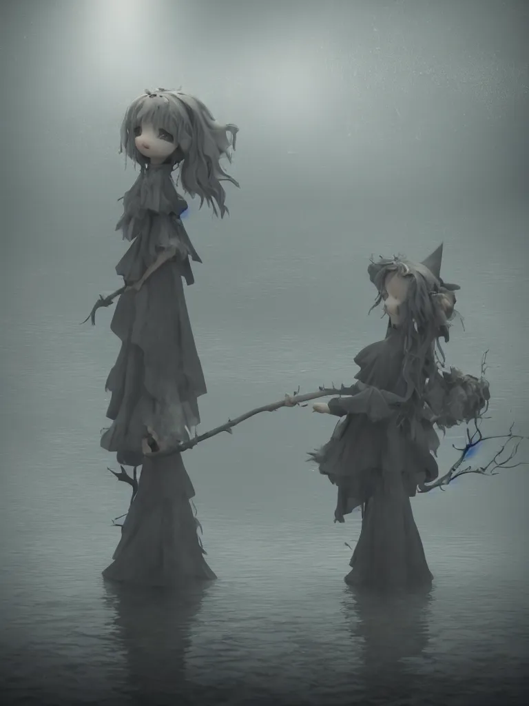 Image similar to cute fumo plush girl witch standing in reflective murky river water, otherworldly gothic horror maiden in tattered cloth, hazy heavy swirling volumetric fog and smoke, moonglow, lens flare, vray