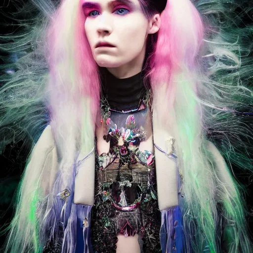 Image similar to Ethereal, mysterious stunning maximalist mesmerizing cyberpunk girl Grimes (Claire Boucher) from the rainbow sky paradise, high-tech, professional high fashion model photo shoot, hyperdetailed by Mark Ryden and artgerm and Hiroyuki-Mitsume Takahashi, 35mm macro shot, hyperrealism, 8k resolution 3D, cinematic, dynamic lighting, octane render, unreal engine 5