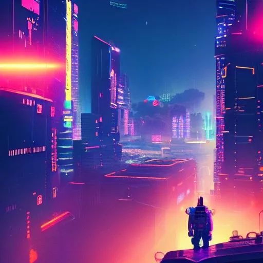Prompt: professional photo of astronaut from front standing very close to camera from low angle shot, cyberpunk city on background, synthwave, blade runner, hyperrealistic masterpiece, trending on artstation, cgsociety, kodakchrome, golden ratio, cinematic, composition, beautiful lighting, hyper detailed, sharp focus, octane render, 4 k, unreal engine
