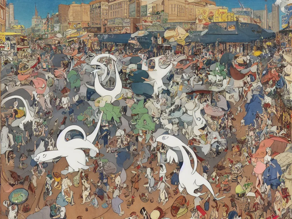 Image similar to a big lugia pokemon walking among people in open door market, detailed, high quality, high resolution, color illustration by Winsor McCay little nemo