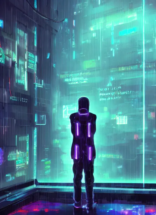 Image similar to lonely cyber person made of cosmic galaxy energy watching a vast rainy colorful complex cyberpunk futuristic city from behind at night through a window in a room, 8 k, photorealistic, concept art, wet, highly detailed, cinematic mood by ridley scott, ghost in the shell, akira, digital painting, trending on artstation, glowing lights, sharp focus, epic composition