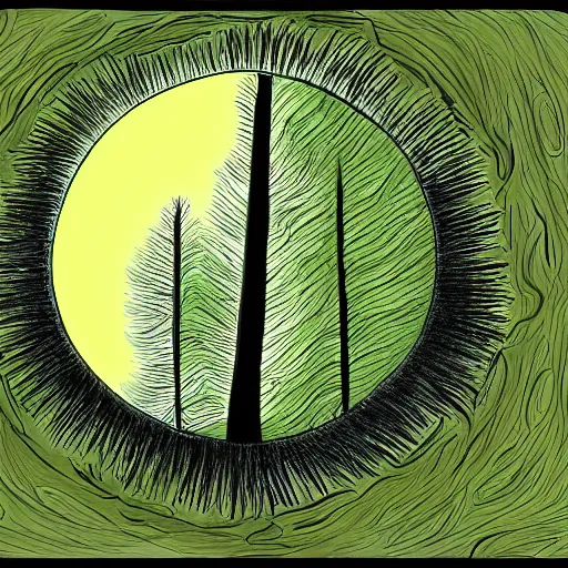 Prompt: upside down sun with trees coming out of it and enveloping it entirely, digital drawing