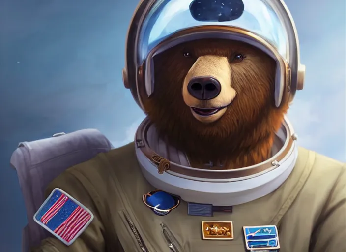 Image similar to character portrait feature of the anthro male anthropomorphic kamchatka brown bear fursona wearing cosmonaut outfit uniform professional pilot astronaut cosmonaut spirited disciplined character design stylized by charlie bowater, ross tran, artgerm, and makoto shinkai, detailed, soft lighting, rendered in octane