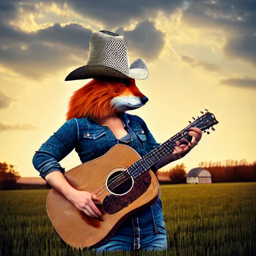 Image similar to a female fluffy anthropomorphic fox animal, head of fox, wearing cowboy hat, wearing plaid shirt, playing guitar, in a field, barn in background, album cover style