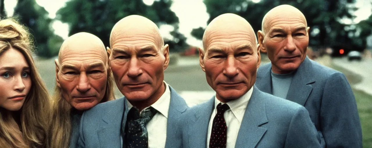 Image similar to Patrick Stewart and the Olsen Twins, wisdom, famous 1980's movie by Stanley Kubrick, cinematic still frame, moody, anamorphic lens, bokeh, kodak color film stock