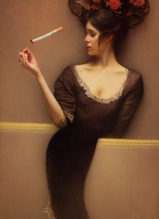 Image similar to a romantic photo of a woman in a dark room wearing lace smoking a cigarette advertisement photography by mucha, nick alm, ruan jia, norman rockwell, greg rutkowski, greg manchess, ethereal, dark, candlelight, pagan, extremely coherent, sharp focus, elegant, sharp features, render, octane, detailed, award winning photography, masterpiece, rim lit