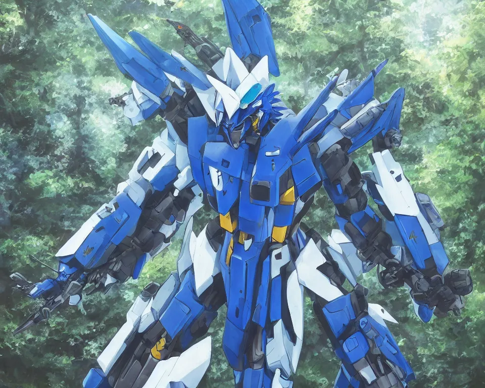 Image similar to An Azure gundam in a forest landscape, wolf armor, highly detailed, mobile suit, GUNDAM, mecha, sci-fi, illustration, trending on artstation, Pixiv, HD