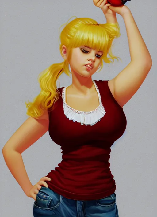 Image similar to full body teenage betty cooper, blonde hair, obese, bangs, ponytail, sultry, realistic, sultry smirk, ponytail, fluffy bangs, curly bangs, fat, belly, beautiful girl, intricate, elegant, highly detailed, digital painting, artstation, concept art, smooth, sharp focus, illustration, art by wlop, mars ravelo and greg rutkowski