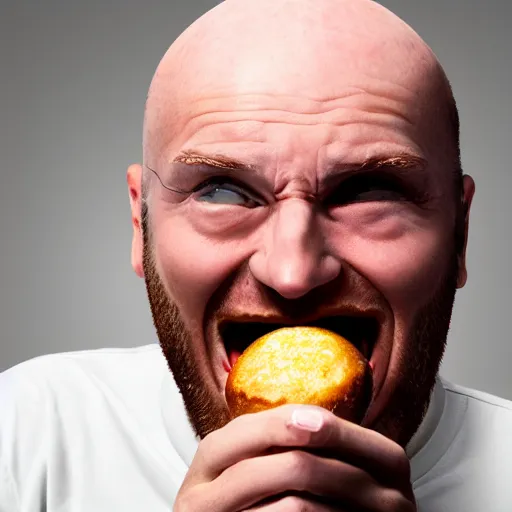 Prompt: a photo of a balded man arguing at a donut, close up, photorealistic