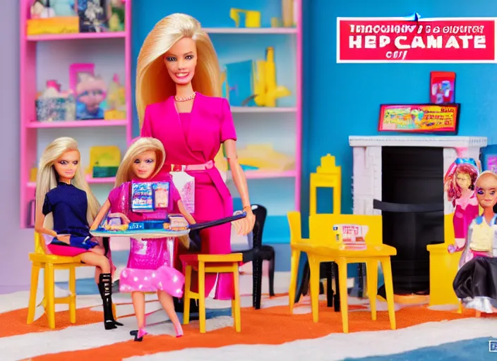 Prompt: donald trump stealing classified documents barbie play set, children's toy advertisement, studio photography, close - up