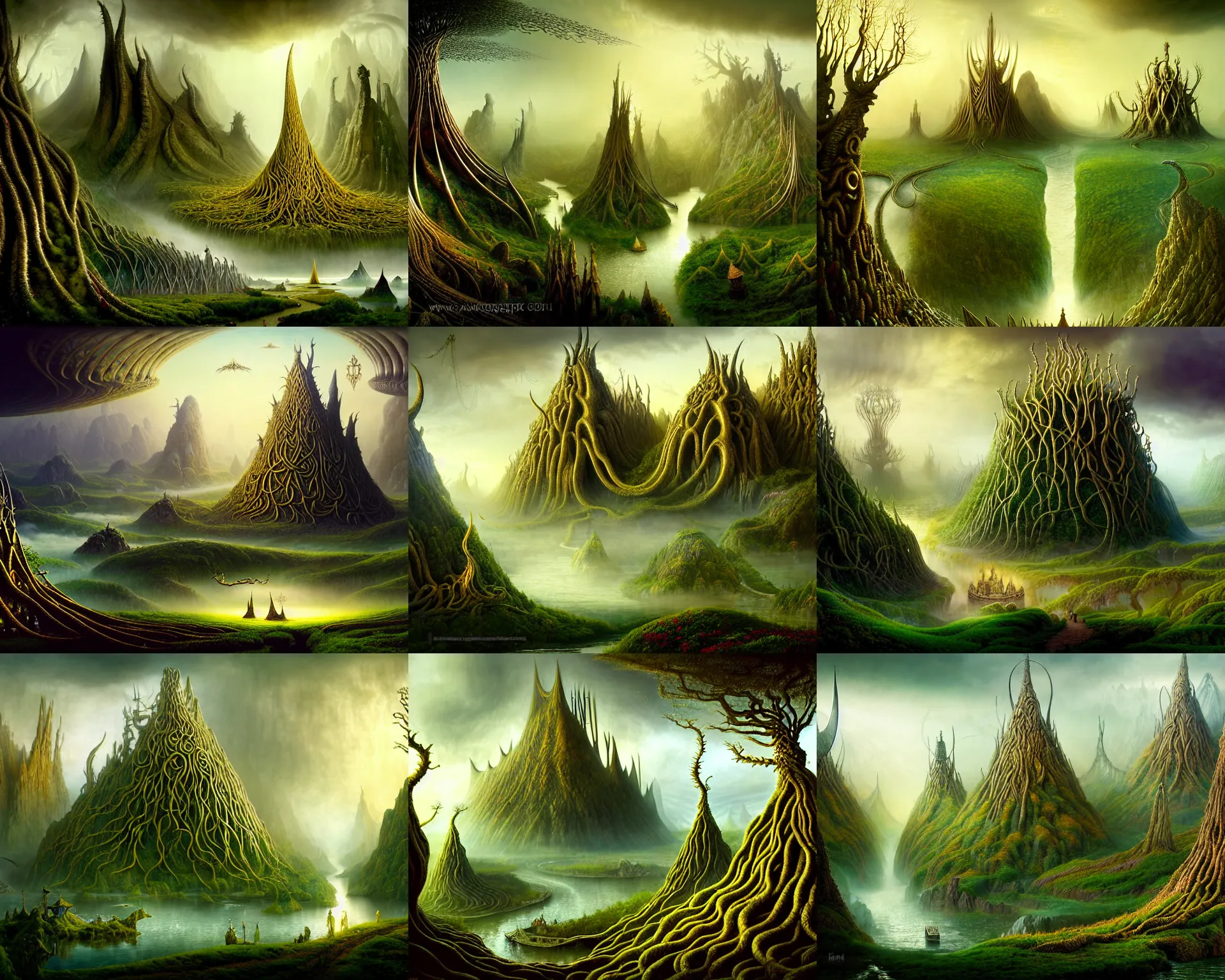 Prompt: a beguiling epic stunning beautiful and insanely detailed matte painting of dream worlds, the impossible winding path through the land of the viking Valhalla spirits, the great golden tree glasir, with surreal architecture designed by Heironymous Bosch, with mega structures inspired by Heironymous Bosch's Garden of Earthly Delights, vast surreal landscape and horizon by Asher Durand and Cyril Rolando and Natalie Shau, masterpiece!!!, grand!, imaginative!!!, whimsical!!, epic scale, intricate details, sense of awe, elite, wonder, insanely complex, masterful composition!!!, sharp focus, fantasy realism, dramatic lighting