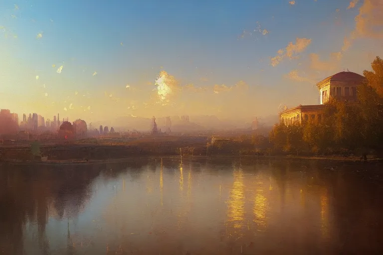 Prompt: a beautiful oil painting of bucharest with impressionist in a serene landscape above with a horizon line in the upper third by john howe and albert bierstadt and alena aenami and dan mumford and dave noton, unreal engine, trending on behance