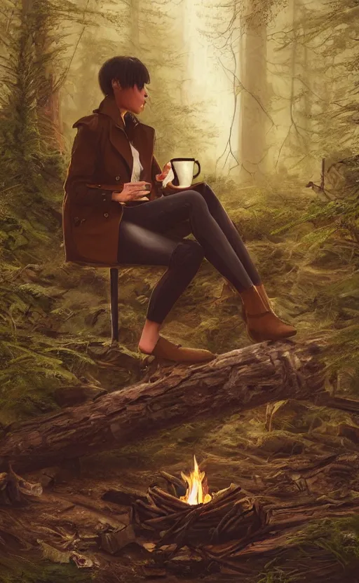 Image similar to A girl with short black hair and green eyes in a tan trenchcoat sitting on a log and drinking tea by the campfire by her motorcycle at night under the stars, evocative, mystical night, very very very very detailed, award winning, masterpiece digital painting by Greg Rutkowski, Alex Grey, artstation, 4k wallpaper