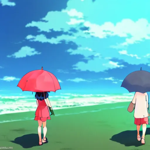 Image similar to anime girl and boy walking together on the Beach, Rain, umbrella, by makoto shinkai, Studio Ghibli, anime wallpaper, illustration, 4k Wallpaper, flat colors