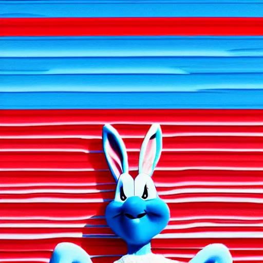 Prompt: photo of bugs bunny sitting infront of a red wall with blue stripes ultra realistic, hyper realistic, highly detailed, sharp focus, digital art