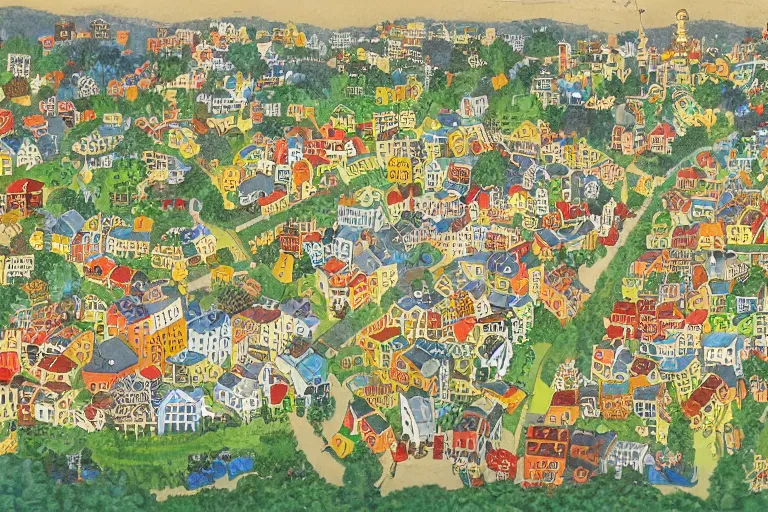 Image similar to an elaborate and dense painting of a peaceful neighborhood, detailed, made of alcohol ink on parchment and penned illustrations, by richard scarry