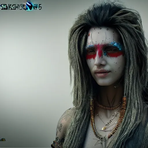 Image similar to Cyberpunk female Aghori Sadhu portrait, 8k , high octane render, unreal engine 5, hyperdetailed, realistic, golden ratio, intricate, cinematic lighting.