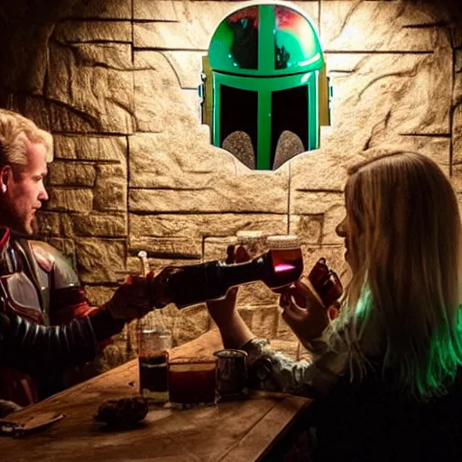 Image similar to Boba Fett and a beautiful young blonde drinking beer in a wine cellar, food, meat, schnapps, torches on the wall, romantic, inviting, cozy