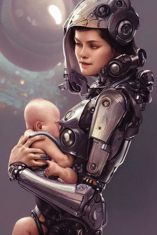 Prompt: ultra realistic illustration, robot woman carrying a human baby + face, cyberpunk, sci - fi, fantasy, intricate, elegant, highly detailed, digital painting, artstation, concept art, smooth, sharp focus, illustration, art by artgerm and greg rutkowski and alphonse mucha