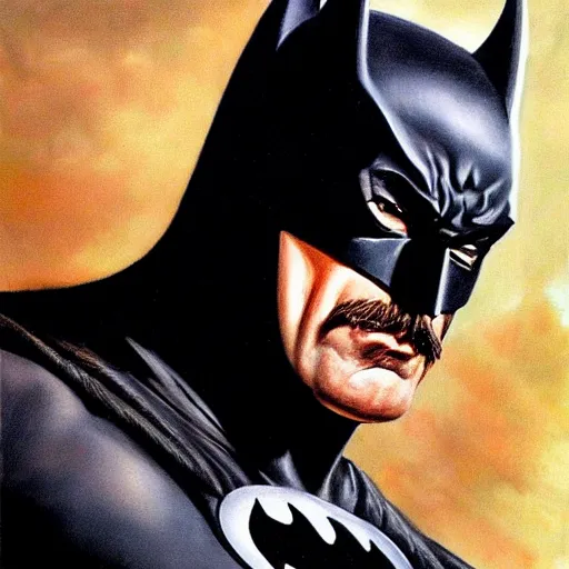 Prompt: ultra realistic portrait painting of tom selleck as batman, art by frank frazetta, 4 k, ultra realistic, highly detailed, epic lighting