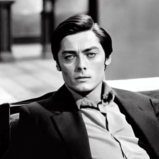 Prompt: film still of alain delon in shark tank