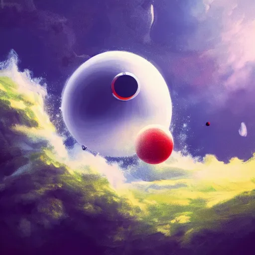 Image similar to a stunning wide angle view of a pokeball falling from a cliff into space, highly detailed clouds, artistic composition, sharp focus, intricate concept art, digital painting, colorful flat surreal design, hd, 8 k, artstation, ambient lighting