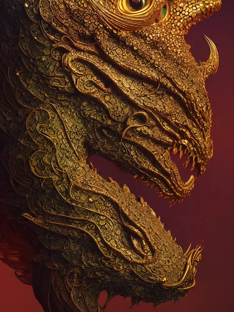 Image similar to close-up portrait dragon head, 3d composition, mucha, New art nouveau, gold betta fish, bioluminescent, intricate artwork by Tooth Wu and wlop and beeple. octane render, trending on artstation, greg rutkowski very coherent symmetrical artwork. cinematic, hyper realism, high detail, octane render, black studio background, 8k