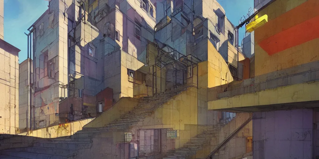 Image similar to neo brutralism, concrete housing, a long stairway going up, concept art, colorful, vivid colors, sunshine, light, shadows, reflections, oilpainting, cinematic, 3D, in the style of Akihiko Yoshida and Edward Hopper