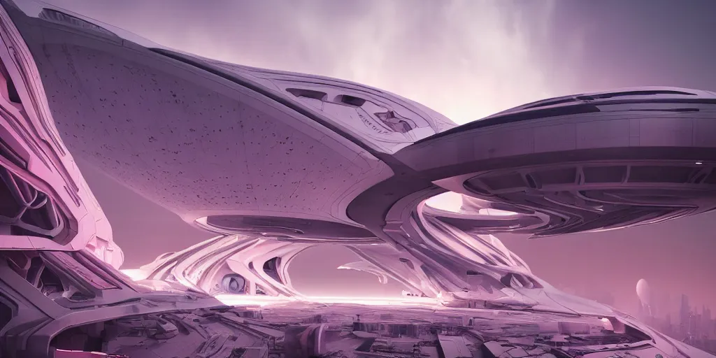 Image similar to futuristic space station in the mountains, cinematic lighting, intricate details, octane rendering, zaha hadid building, cinematic matte, pink sunset, falling snow, monochrome colors, trending on artstation, featured on behance