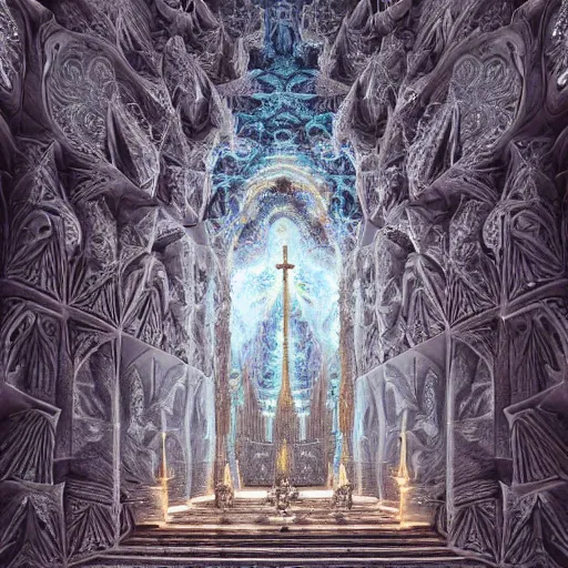 Image similar to a beautiful 3 d painting of a huge sprawling fractal cathedral interior populated by mandelbrot fractals by android jones, unreal engine, carved stone, carved soap, white color scheme, volumetric lighting, octane render, dramatic lighting, glowing, carved marble, opalescent, sacred geometry, religious, angelic, catholicpunk, stark, 8 k, ultra detailed