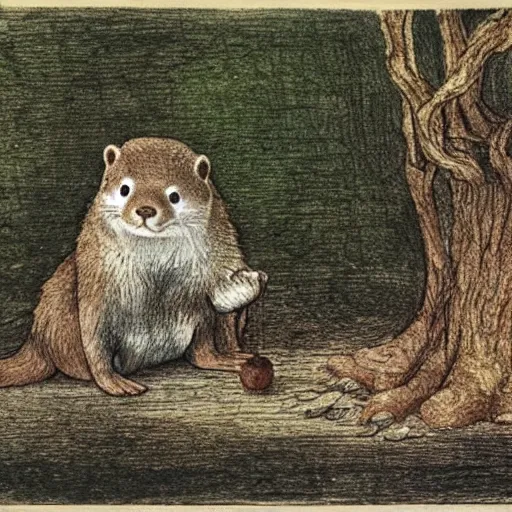 Prompt: an otter child holds a chestnut in its paws, Beatrix Potter,