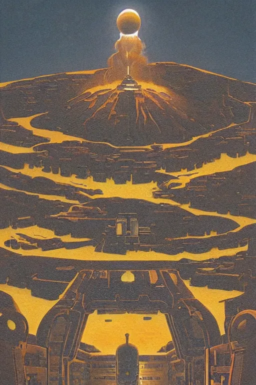 Prompt: Artwork by Chesley Bonestell of the cinematic view of the Hall of Iron Agony, Infernal, Writings.